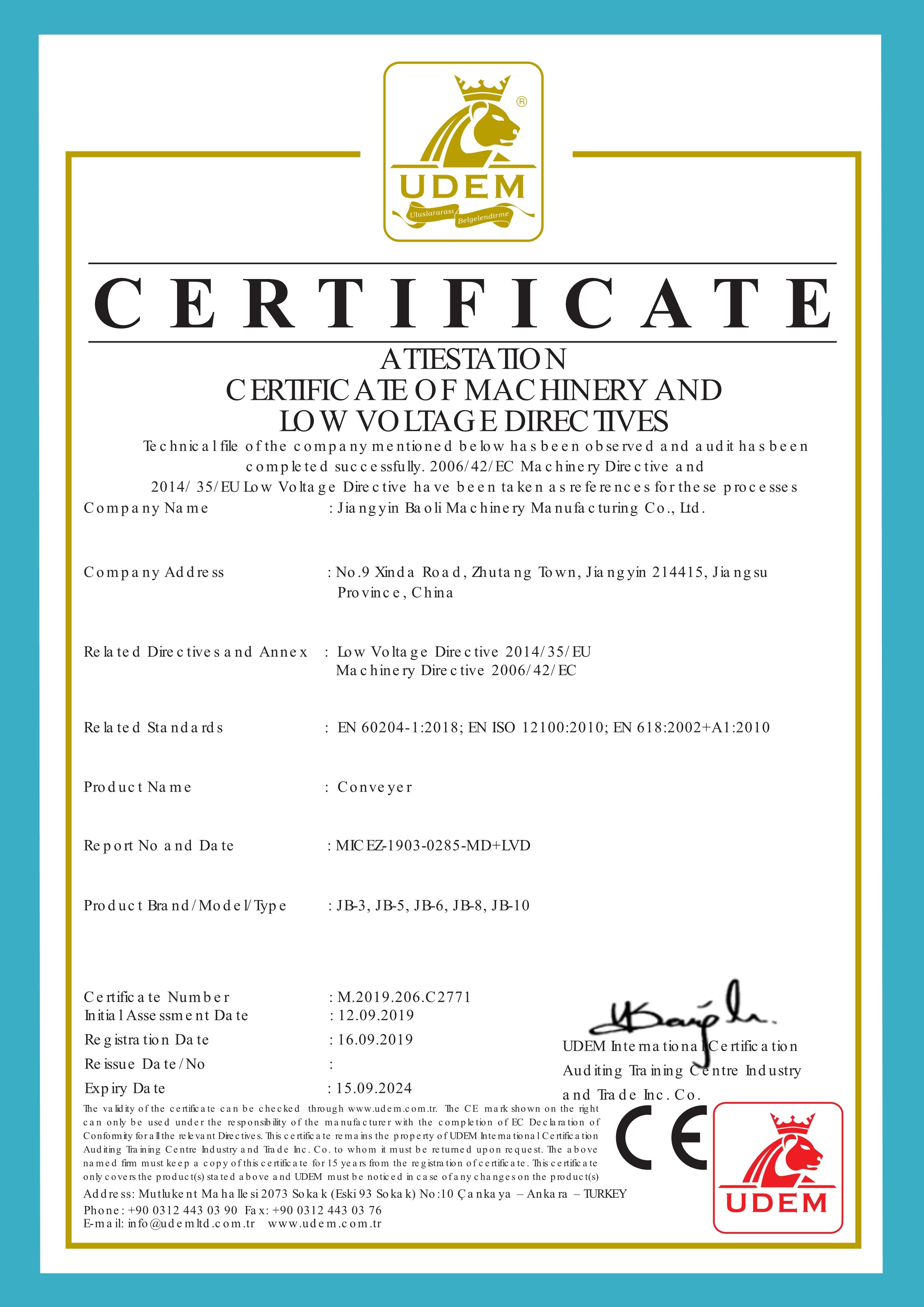 China Jiangyin Baoli Machinery Manufacturing Co., Ltd. Certification